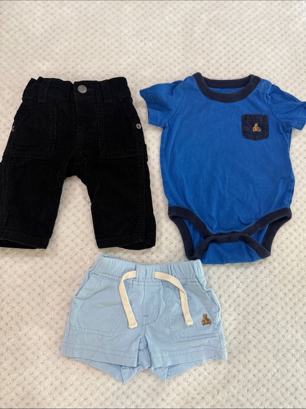 GAP Royal Blue Bodysuit with Black Corduroy Pants & Light Blue Drawstring Shorts